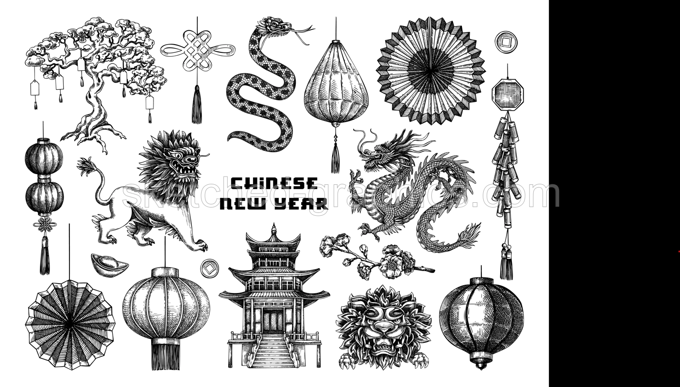 Chinese New Year decoration in sketch style. China sketches. Hand-drawn vector illustrations set. NOT AT generated Illustration